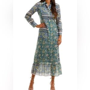 Antik Batik Parsley Printed, Long Sleeve Silk Blend Maxi Shirt Dress size S
